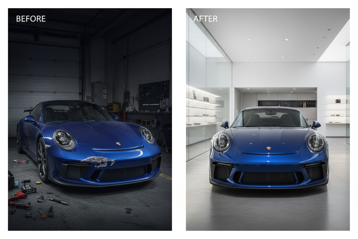Before and after of a dented porshe 